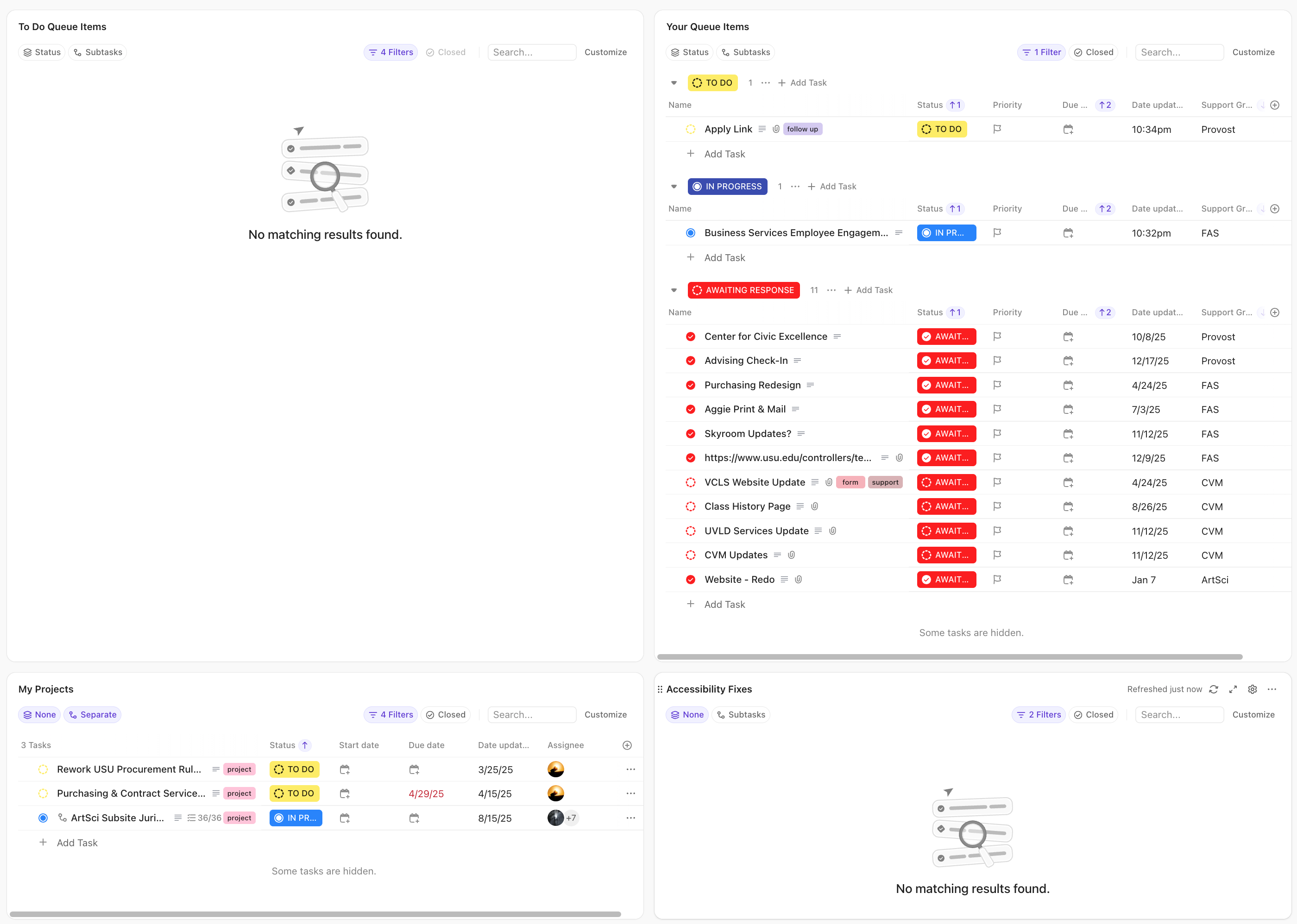ClickUp dashboard showing the ticket intake and management system